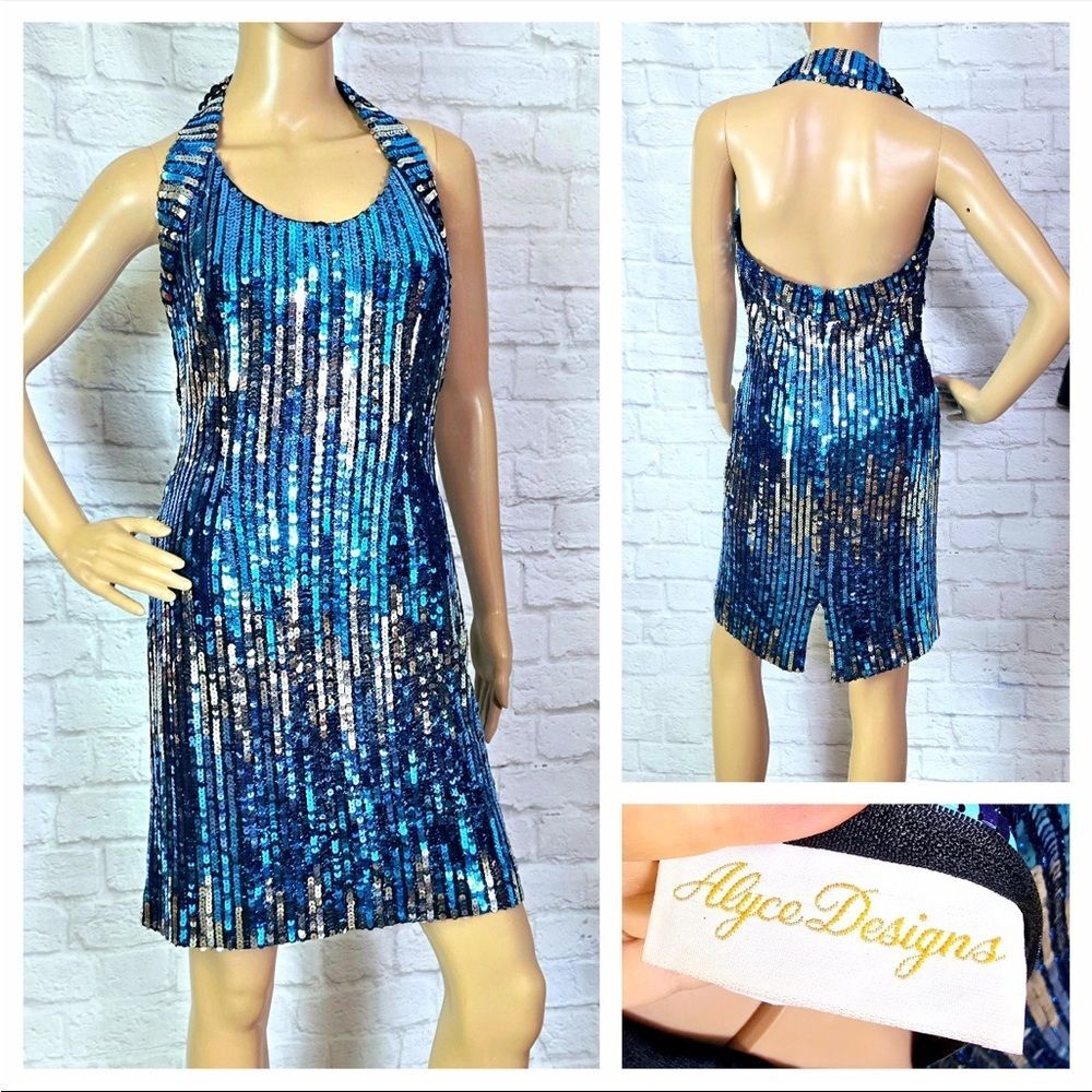 VTG Y2K Alyce Designs Indie McBling Blue Silver Halter Party Sequin Dress 12
